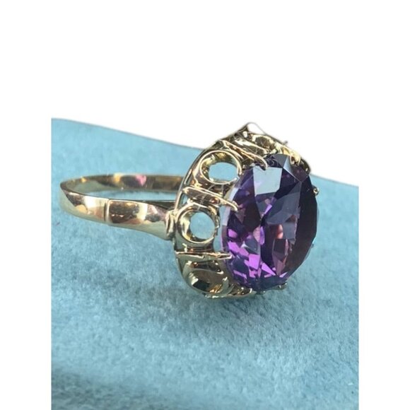14k Yellow Gold Lab Created Round Amethyst Solitaire Ring Size 7.5 - Picture 2 of 10